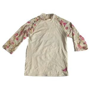 90s Girls Long Sleeve Pullover Mock Neck Top Floral Sleeve Ivory Size 8 G001